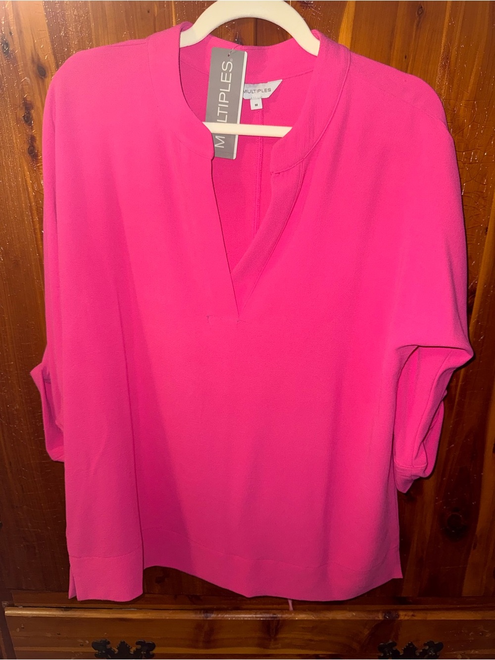 Multiples Bright Pink Split V-Neck Blouse